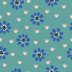 Seamless repeat pattern with hand drawn daisy flowers on the blue background. Vector illustration. No AI generated content in this pattern.