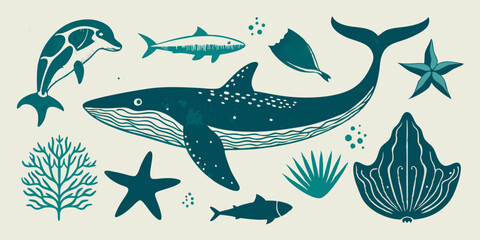 Ocean animal linocut vector set, whale grunge print, woodcut stamp, wild sea mammal silhouette. Summer marine retro collection, hand drawn underwater shark, coral, stingray. Ocean animal illustration