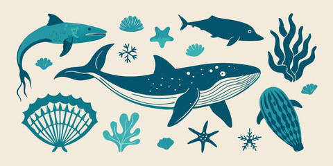 Ocean animal linocut vector set, whale grunge print, woodcut stamp, wild sea mammal silhouette. Summer marine retro collection, hand drawn underwater shark, coral, stingray. Ocean animal illustration