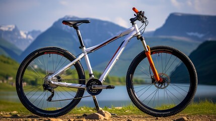 Fototapeta premium A photo of a bicycle with a scenic mountain