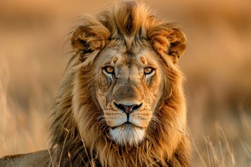 a lion standing in the open savanna, its mane catching the evening breeze. Great for eco-tourism...