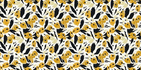 Modern printed fabric flower block print pattern with linen texture effect. Stylized boho dark floral for chic fashion background motif border design.