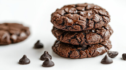Obraz premium A delicious stack of thick, chocolate chip cookies, freshly baked with scattered chocolate chips placed on a clean, white background to emphasize their appeal.
