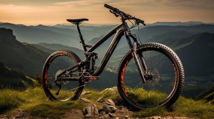Fototapeta premium A photo of a bicycle with a scenic mountain