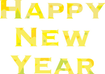 Happy New Year yellow text with stars. All words are separate, you can put them in any order. Alignment in the centre.