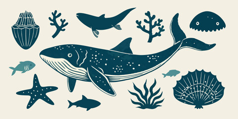 Ocean animal linocut vector set, whale grunge print, woodcut stamp, wild sea mammal silhouette. Summer marine retro collection, hand drawn underwater shark, coral, stingray. Ocean animal illustration