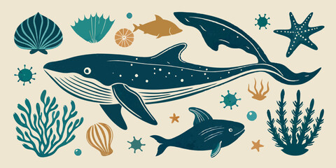 Ocean animal linocut vector set, whale grunge print, woodcut stamp, wild sea mammal silhouette. Summer marine retro collection, hand drawn underwater shark, coral, stingray. Ocean animal illustration