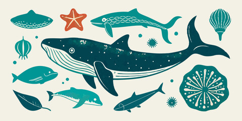 Ocean animal linocut vector set, whale grunge print, woodcut stamp, wild sea mammal silhouette. Summer marine retro collection, hand drawn underwater shark, coral, stingray. Ocean animal illustration