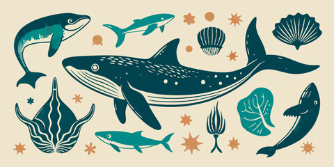Marine Life Linocut Vector Collection, Grunge Whale Print, Wild Sea Mammal Silhouettes, Retro Summer Theme, Hand-Drawn Underwater Shark, Coral, and Stingray Illustrations.