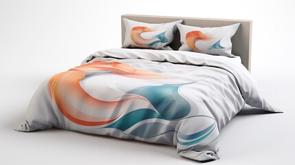 A photo of a bed with a modern abstract-patterned