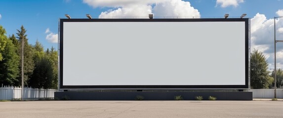 Fototapeta premium Blank Billboard with Black Frame and Gray Base in Front of a White Fence