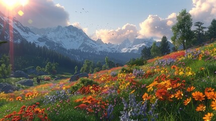 Fototapeta premium A 3D render of a family biking along a scenic trail, detailed bikes moving past fields of colorful flowers, with small animals in the distance.