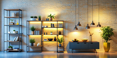 living room with yellow brick wall