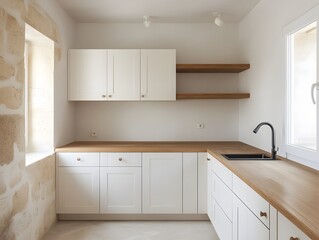 Modern Kitchen Design with White Cabinets and Wooden Countertop