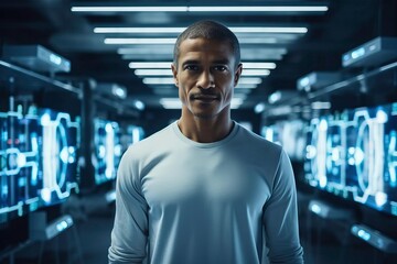 Fototapeta premium A confident man stands in a futuristic setting with vibrant lights and technology, embodying strength and innovation.