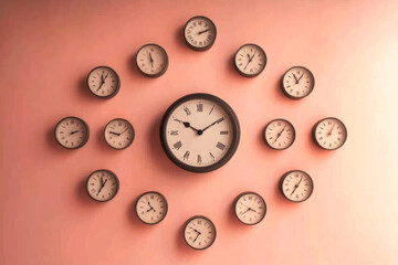 An artistic arrangement of multiple wall clocks displayed against a softly lit wall, showcasing the passage of time and vintage aesthetics.