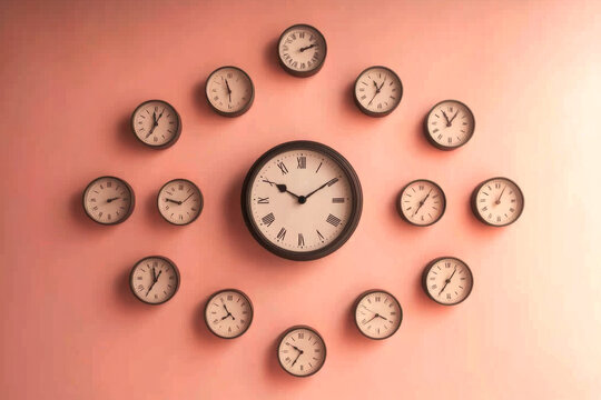 An artistic arrangement of multiple wall clocks displayed against a softly lit wall, showcasing the passage of time and vintage aesthetics.