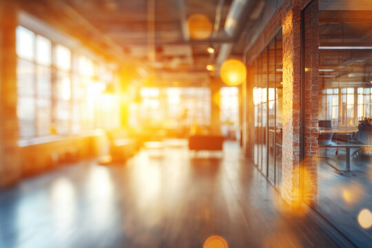 A sunlit modern office with large windows, exposed brick walls, and an open layout that creates a bright, inviting workspace atmosphere.
