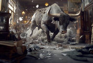 A bull in a china closet - a powerful bull charges through a china shop interior, smashing the fine porcelain, dust cloud, side angle