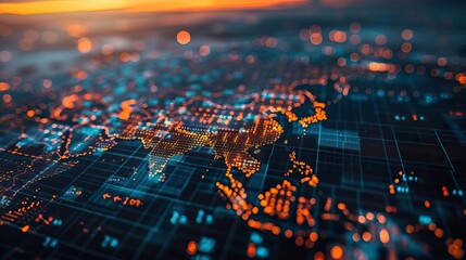 Aerial view of a digital map with glowing lights representing data and connectivity in an urban environment at sunset.