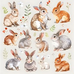 Fototapeta premium Multiple Rabbits in Various Poses on a Solid Background. A Charming and Playful Representation of Bunnies in Different Forms. Capturing the Diversity and Cuteness of Rabbits in a Simple, Clean Setting