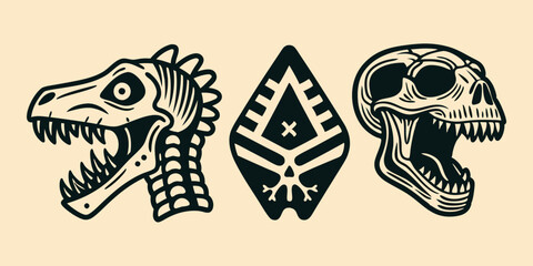 Dinosaur skeleton linocut print set, tattoo dino skull, vector prehistoric archaeology fossil icon. Jurassic reptile engraving sticker, triceratops silhouette, reptor head. Dinosaur skeleton woodcut  © VectorVibe