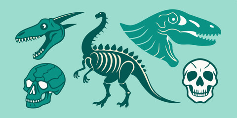 Dinosaur skeleton linocut print set, tattoo dino skull, vector prehistoric archaeology fossil icon. Jurassic reptile engraving sticker, triceratops silhouette, reptor head. Dinosaur skeleton woodcut  © VectorVibe