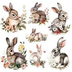 Obraz premium Multiple Rabbits in Various Poses on a Solid Background. A Charming and Playful Representation of Bunnies in Different Forms. Capturing the Diversity and Cuteness of Rabbits in a Simple, Clean Setting
