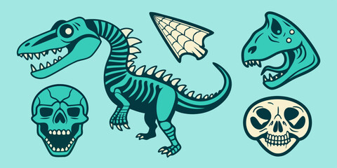 Dinosaur skeleton linocut print set, tattoo dino skull, vector prehistoric archaeology fossil icon. Jurassic reptile engraving sticker, triceratops silhouette, reptor head. Dinosaur skeleton woodcut  © VectorVibe