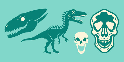 Dinosaur skeleton linocut print set, tattoo dino skull, vector prehistoric archaeology fossil icon. Jurassic reptile engraving sticker, triceratops silhouette, reptor head. Dinosaur skeleton woodcut  © VectorVibe