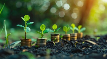 Growing plants emerge from coins, symbolizing the union of nature and finance, representing sustainable investment and growth.