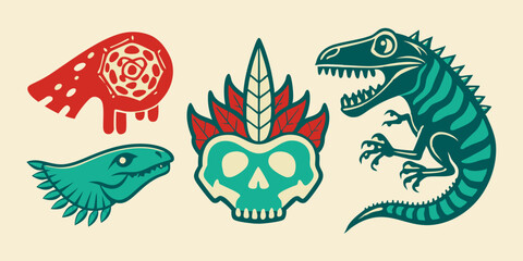 Dinosaur skeleton linocut print set, tattoo dino skull, vector prehistoric archaeology fossil icon. Jurassic reptile engraving sticker, triceratops silhouette, reptor head. Dinosaur skeleton woodcut  © VectorVibe