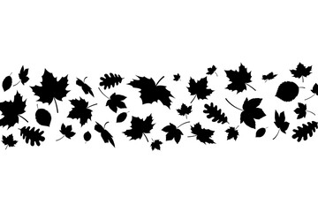 Fototapeta premium Autumn leaves falling silhouettes background. Black fall leaves random falling on white background