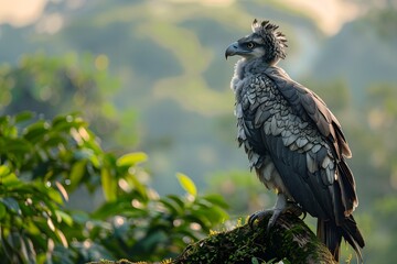 Fototapeta premium Majestic Eagle Perched on a Tree in the Mountains. Capturing the Strength and Beauty of a Powerful Bird of Prey in a Serene, Elevated Environment. A Symbol of Freedom and Nature’s Majesty.
