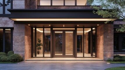 Elegant Modern Entrance Design Featuring Glass Doors and Stylish Outdoor Lighting