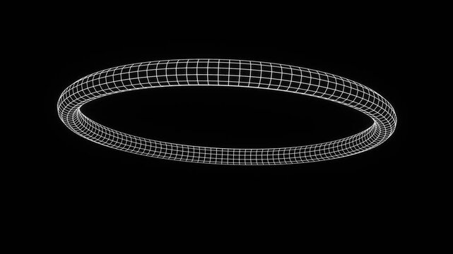 3d render abstract cyber futuristic retro y2k shape element for design. Wireframe grid glowing neon white torus spiral shape on black background isolated. Geometry poster design. Animation 4k loop 
