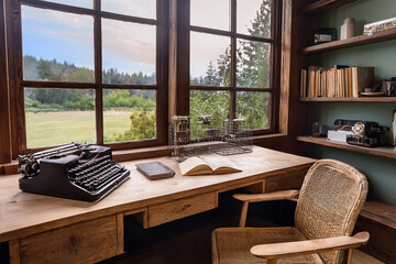 Fototapeta premium A modern home office with a large window overlooking a lush forest. The wooden desk and minimalist decor create a peaceful and productive workspace, blending nature with contemporary design.