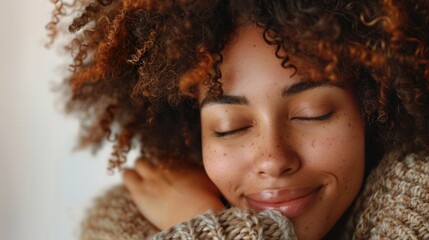 A happy young woman in a cozy beige sweater and shawl smiles with eyes closed, evoking contentment in a well-lit indoor setting.