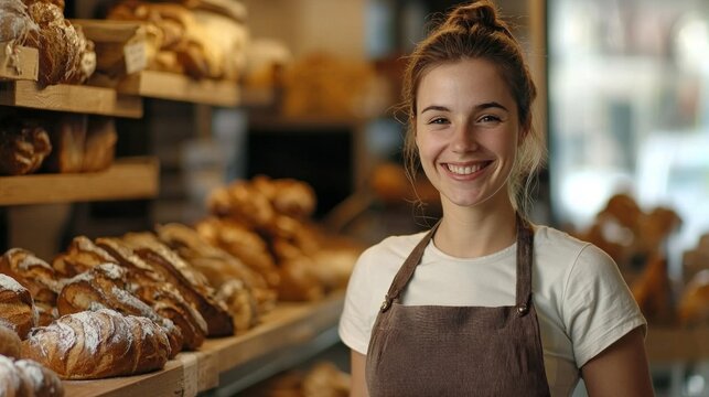 Contemporary young female clerk of bakery with new assortment on background