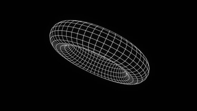 3d render of a futuristic wireframe grid cyber y2k torus shape glowing neon white on black background isolated illustration. Outline element abstract retro poster. Animation loop 4k