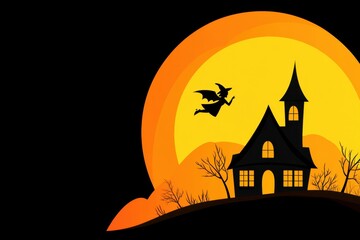 A spooky witch flying over a haunted house at sunset, perfect for Halloween-themed designs and decorations.