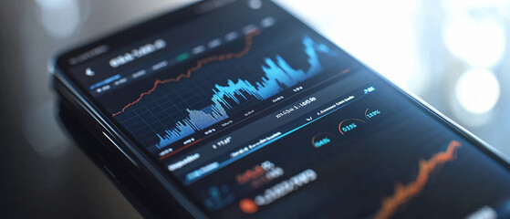 3D financial app interface with dynamic graphs, symbolizing mobile investment tools