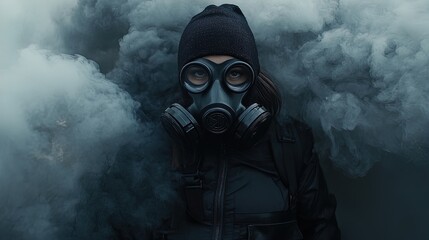 Suspenseful Poster: A Dramatic Woman in a Gas Mask Surrounded by Billowing Smoke – Perfect for Adding Atmosphere to Your Sports or Urban Interior!