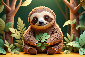 Cute Sloth Sitting Among Green Leaves in a Lush Forest Environment During Daytime