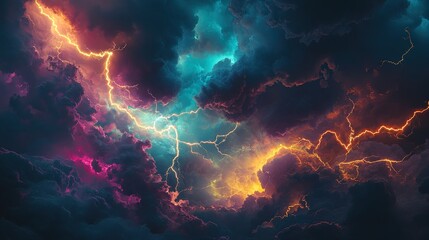 Fototapeta premium Electrifying Night Sky: A Stunning Lightning Display in Teal, Magenta, and Gold - Perfect for a Dramatic Sports Interior Poster