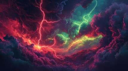 Dynamic Display of Colorful Lightning Tendrils: A Stunning Poster for Sports Interiors, Merging Intense Bright Reds and Greens Against Dark Storm Clouds