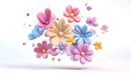 Obraz premium Whimsical 3D Clay Cartoon Flower Bouquet Floating in Air on Pure White Background
