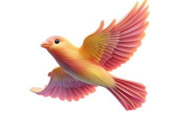 Obraz premium Playful Pastel-Colored 3D Clay Bird Soaring Mid-Flight on Pure White Background - Cartoon Style Illustration