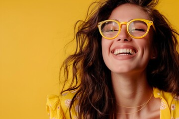 A Pretty woman Glasses with yellow frames beautiful