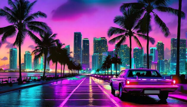 Firefly Neon Skyline Overdrive- Design a scene featuring a Miami skyline at night, bathed in neon style. Graphic art illustration
